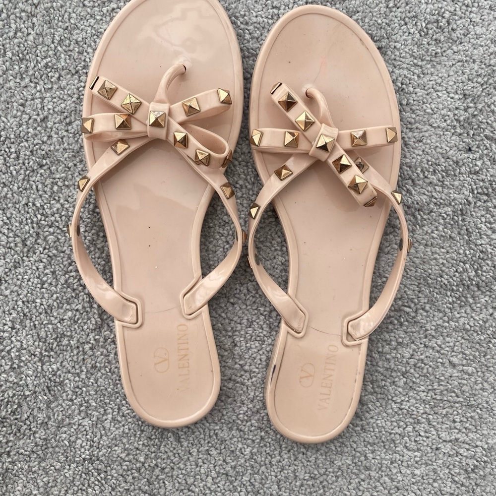 Valentino Rockstud Rubber Slipper with Gold Accents